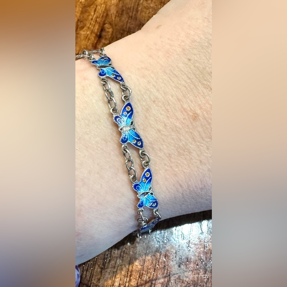Vintage Blue Solid Sterling Silver Butterfly Brac… - image 6